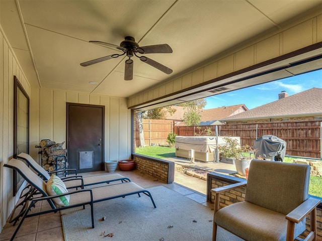 3100 N Eagle Ln, Bethany, OK 73008 - fenced backyard with a patio, grilling area, ceiling fan, and a hot tub