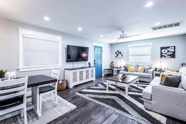 1218 N Brookline Ave, Oklahoma City, OK 73107 - living room featuring recessed lighting, a ceiling fan, and wood finished floors
