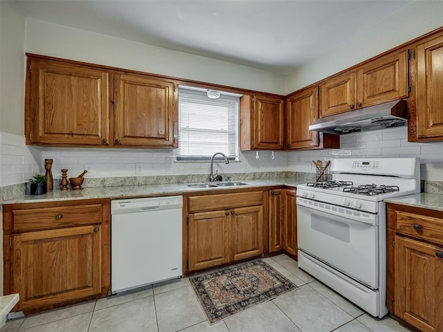 5936 N Ione Dr, Oklahoma City, OK 73122 - kitchen with white appliances, under cabinet range hood, brown cabinets, backsplash, and light countertops