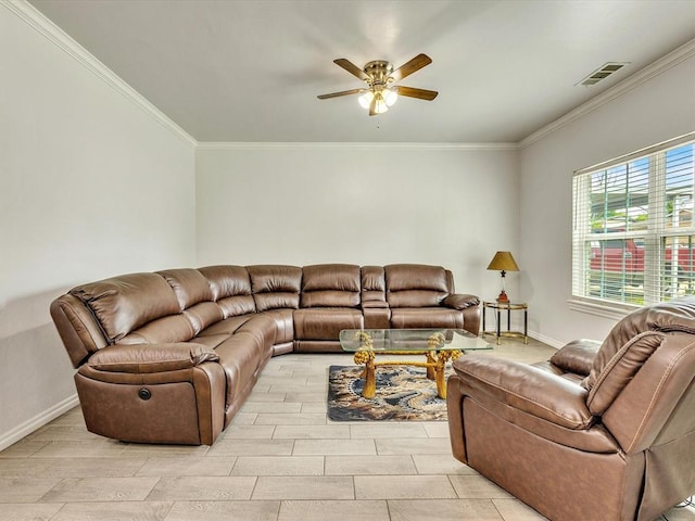 837 SE 68th St, Oklahoma City, OK 73149 - living room with a ceiling fan, crown molding, and light wood-type flooring