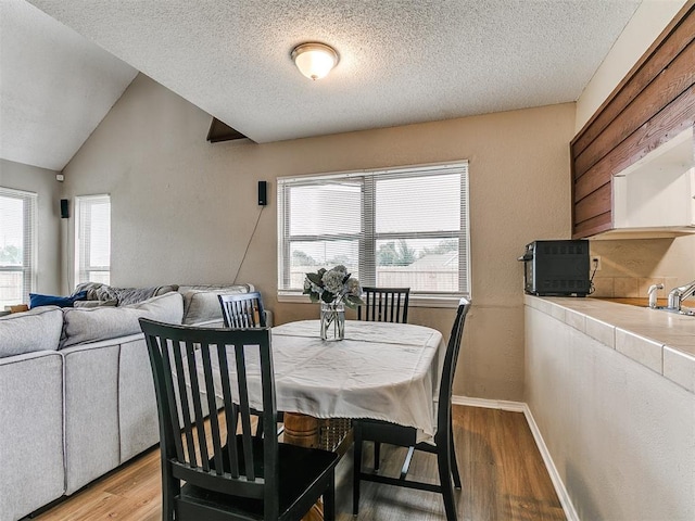401 NW 120th St, Oklahoma City, OK 73114 - dining room featuring light wood-style flooring, plenty of natural light, a textured ceiling, and lofted ceiling