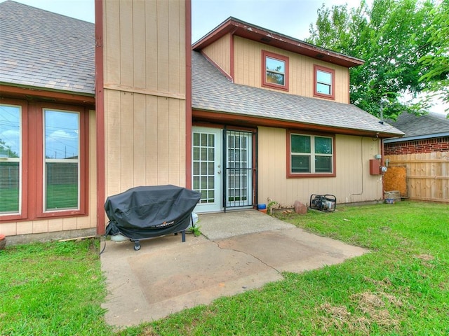 401 NW 120th St, Oklahoma City, OK 73114 - back of house featuring french doors, roof with shingles, a patio, and a chimney