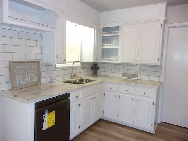 3018 N Beard Ave, Shawnee, OK 74804 - kitchen featuring black dishwasher, open shelves, decorative backsplash, white cabinets, and wood finished floors