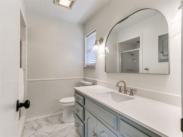2317 NW 119th St, Oklahoma City, OK 73120 - bathroom featuring marble look tiles, vanity, and an enclosed shower