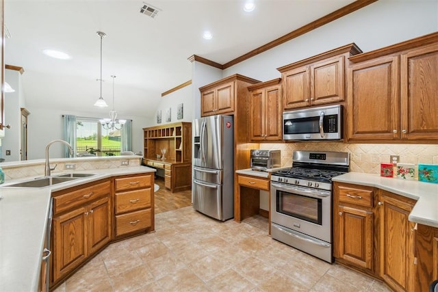 12409 Gaylon Cir, Oklahoma City, OK 73170 - kitchen with stainless steel appliances, brown cabinets, decorative backsplash, a chandelier, and ornamental molding