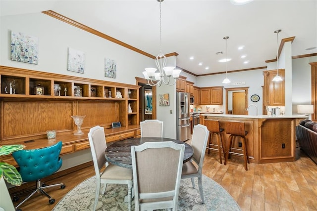 12409 Gaylon Cir, Oklahoma City, OK 73170 - dining room with ornamental molding, light wood-type flooring, a chandelier, and recessed lighting