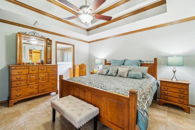 12409 Gaylon Cir, Oklahoma City, OK 73170 - bedroom with a tray ceiling, ornamental molding, light tile patterned floors, and a ceiling fan