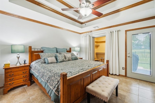 12409 Gaylon Cir, Oklahoma City, OK 73170 - bedroom with a raised ceiling, access to outside, light tile patterned floors, ornamental molding, and a ceiling fan