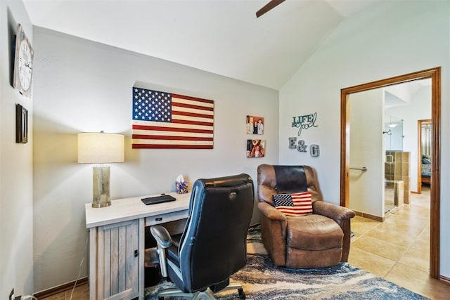12409 Gaylon Cir, Oklahoma City, OK 73170 - office with lofted ceiling, a ceiling fan, and light tile patterned flooring
