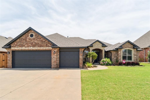 1600 SW 123rd St, Oklahoma City, OK 73170 - view of front of property with a garage, concrete driveway, brick siding, a front yard, and a shingled roof
