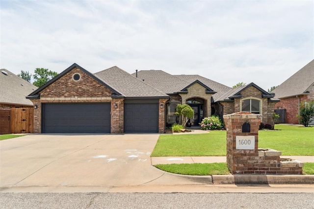 1600 SW 123rd St, Oklahoma City, OK 73170 - french country home with brick siding, a garage, concrete driveway, and a shingled roof