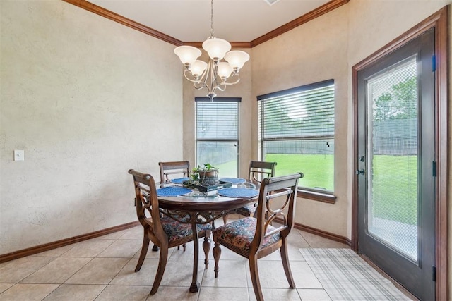 1600 SW 123rd St, Oklahoma City, OK 73170 - dining room with ornamental molding, a chandelier, a textured wall, and light tile patterned floors