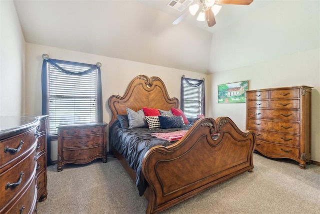 1600 SW 123rd St, Oklahoma City, OK 73170 - bedroom with light carpet, multiple windows, lofted ceiling, and a ceiling fan