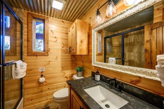 64 Mountain Alder Trl, Broken Bow, OK 74728 - bathroom with vanity, wooden walls, a shower stall, and wood ceiling