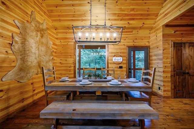 64 Mountain Alder Trl, Broken Bow, OK 74728 - dining area with vaulted ceiling, a chandelier, hardwood / wood-style floors, wood ceiling, and wooden walls