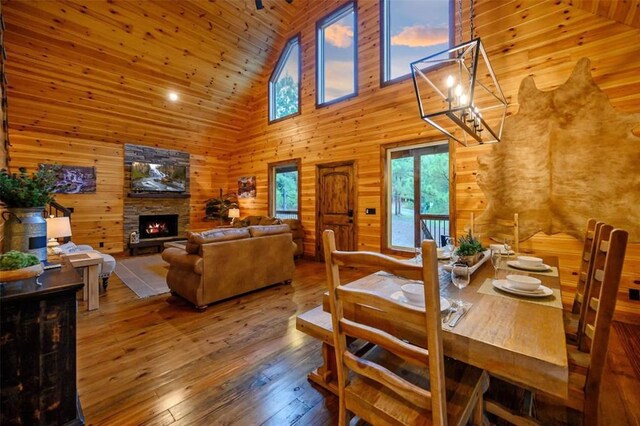 64 Mountain Alder Trl, Broken Bow, OK 74728 - dining area with high vaulted ceiling, wood walls, a stone fireplace, wood-type flooring, and wood ceiling