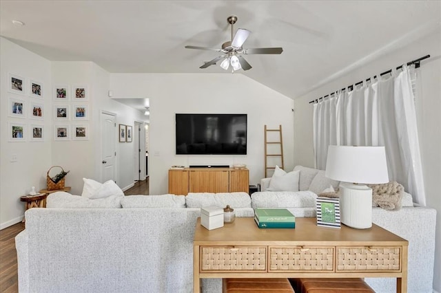 2336 NW 197th St, Edmond, OK 73012 - living area featuring lofted ceiling, ceiling fan, and dark wood-type flooring