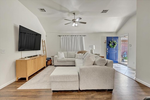 2336 NW 197th St, Edmond, OK 73012 - living area with lofted ceiling, wood finished floors, and a ceiling fan