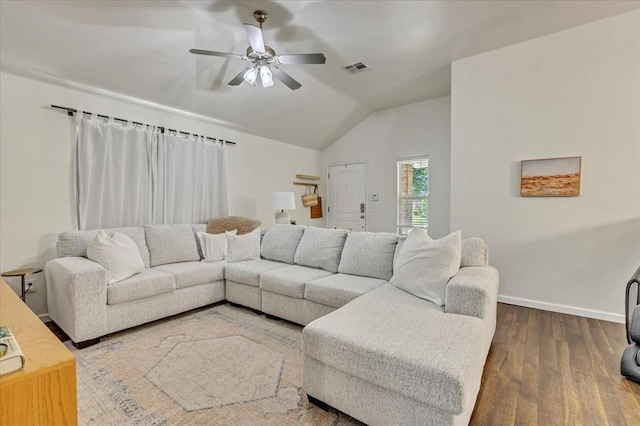 2336 NW 197th St, Edmond, OK 73012 - living area featuring wood finished floors, vaulted ceiling, and ceiling fan