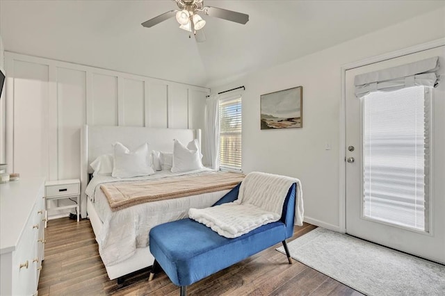 2336 NW 197th St, Edmond, OK 73012 - bedroom with wood finished floors, a ceiling fan, and vaulted ceiling