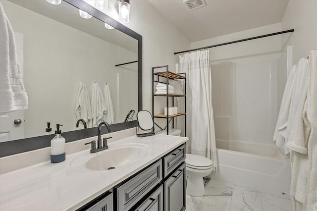2336 NW 197th St, Edmond, OK 73012 - full bathroom with vanity, shower / tub combo with curtain, and marble finish floors