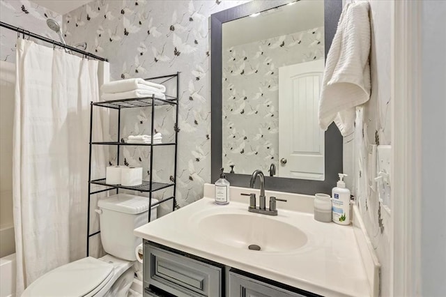 2336 NW 197th St, Edmond, OK 73012 - full bathroom with vanity, wallpapered walls, and shower / bath combination with curtain