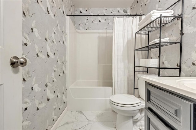 2336 NW 197th St, Edmond, OK 73012 - full bathroom featuring shower / tub combo with curtain, wallpapered walls, vanity, and marble finish flooring