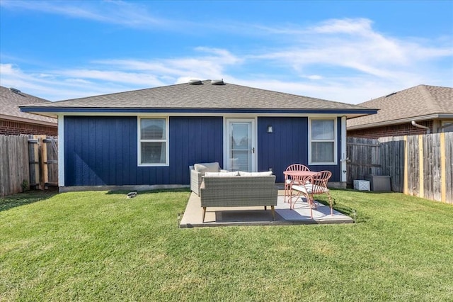2336 NW 197th St, Edmond, OK 73012 - rear view of property with a fenced backyard, a patio, a shingled roof, and outdoor lounge area
