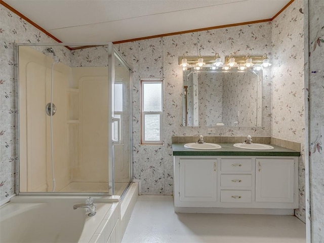 11924 W County Rd 74, Crescent, OK 73028 - bathroom featuring ornamental molding, wallpapered walls, a stall shower, double vanity, and a tub to relax in