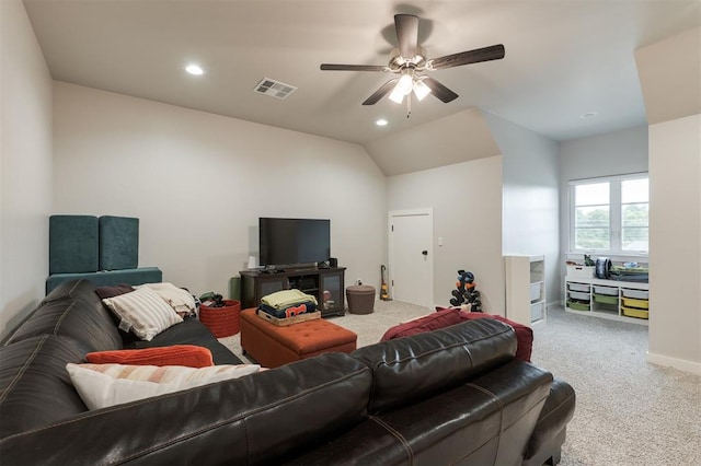 5017 Yale Bridge Ct, Edmond, OK 73034 - living area featuring carpet, a ceiling fan, recessed lighting, and vaulted ceiling