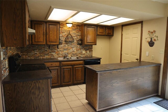 3823 N Harvard Ave Unit 12, Oklahoma City, OK 73122 - kitchen with dark countertops, electric range, range hood, and light tile patterned flooring