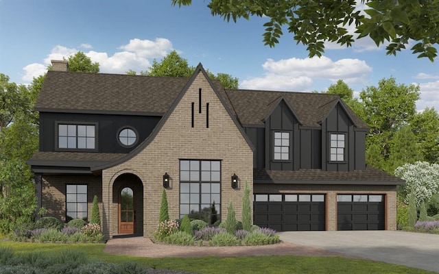 7117 Sunset Sail Ave, Edmond, OK 73034 - view of front facade with board and batten siding, a garage, concrete driveway, a shingled roof, and brick siding