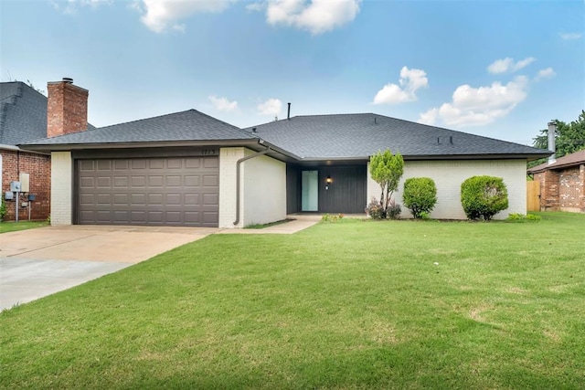 1713 Shadow Ct, Edmond, OK 73013 - ranch-style house with brick siding, an attached garage, concrete driveway, a front lawn, and a shingled roof