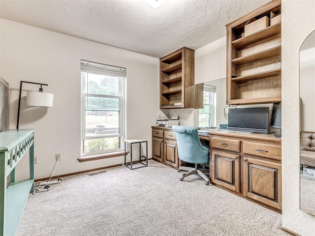8001 84th St, Noble, OK 73068 - office space with light colored carpet, built in desk, healthy amount of natural light, and a textured ceiling
