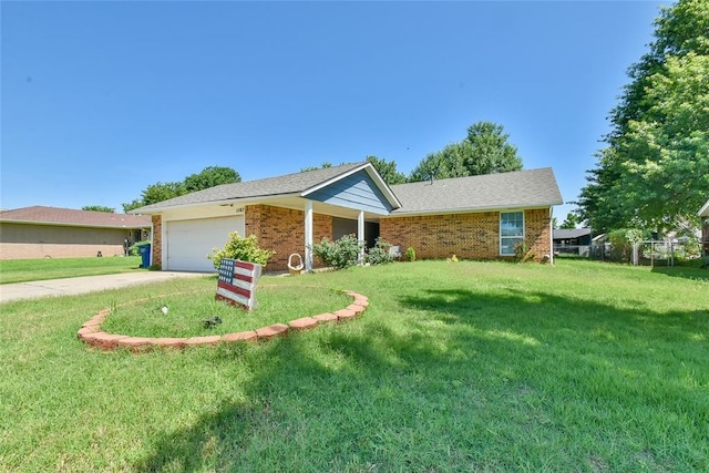 1107 W Windsor Way, Mustang, OK 73064 - single story home featuring brick siding, a front yard, driveway, and an attached garage