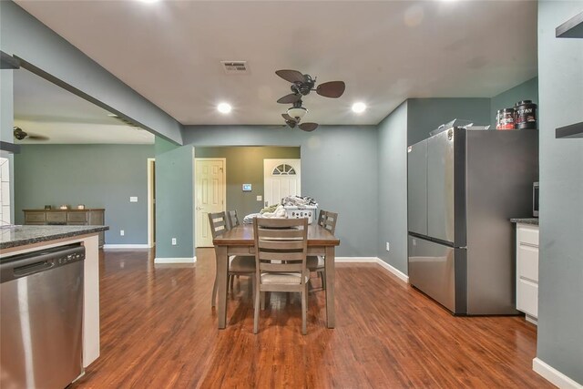 1107 W Windsor Way, Mustang, OK 73064 - dining room featuring ceiling fan, dark wood finished floors, and recessed lighting