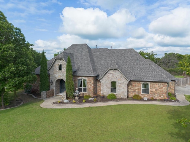 126 Castle Gate Dr, Choctaw, OK 73020 - french country inspired facade featuring roof with shingles, a front yard, and stone siding