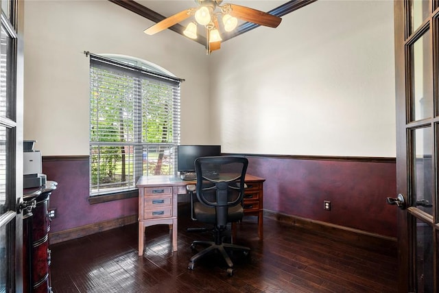 126 Castle Gate Dr, Choctaw, OK 73020 - home office with ceiling fan, hardwood / wood-style floors, and ornamental molding
