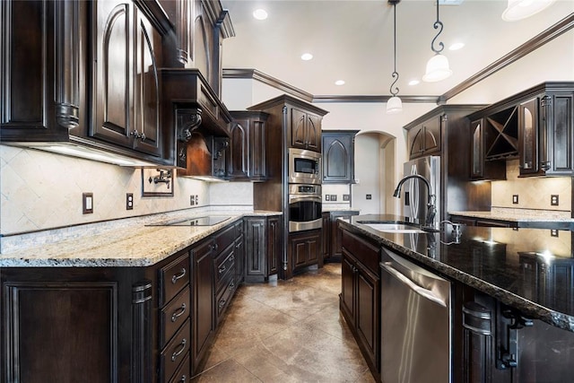 126 Castle Gate Dr, Choctaw, OK 73020 - kitchen with stainless steel appliances, arched walkways, ornamental molding, decorative backsplash, and pendant lighting
