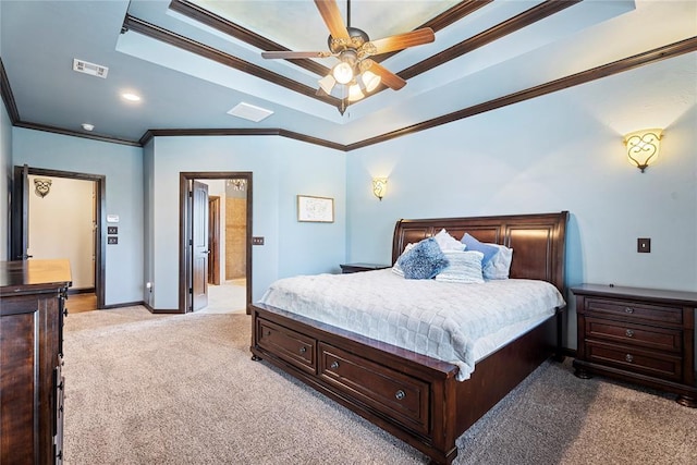 126 Castle Gate Dr, Choctaw, OK 73020 - bedroom with light carpet, ornamental molding, a raised ceiling, a ceiling fan, and recessed lighting