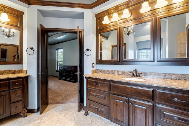 126 Castle Gate Dr, Choctaw, OK 73020 - bathroom with vanity, ornamental molding, and tile patterned floors