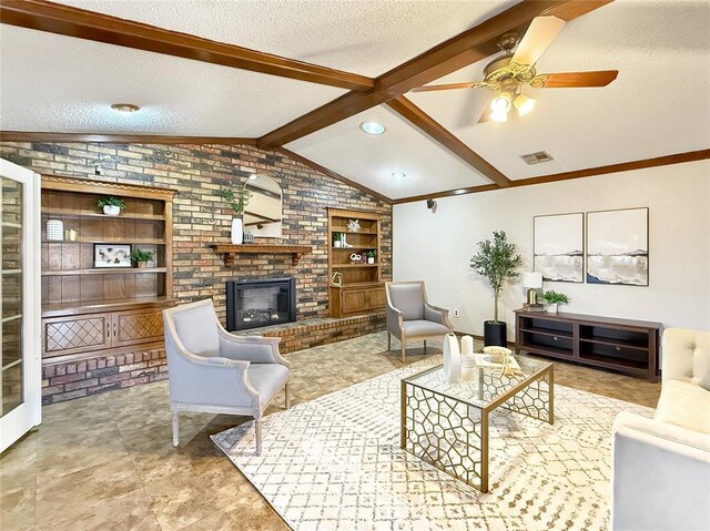 10300 Ryecroft Rd, Oklahoma City, OK 73162 - living room with a textured ceiling, a brick fireplace, built in features, a ceiling fan, and brick wall