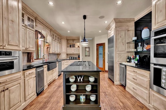 10035 Stone Gate Way, Arcadia, OK 73007 - kitchen with open shelves, light brown cabinetry, stainless steel appliances, recessed lighting, and light wood-type flooring