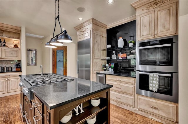 10035 Stone Gate Way, Arcadia, OK 73007 - kitchen featuring open shelves, appliances with stainless steel finishes, light brown cabinets, and recessed lighting