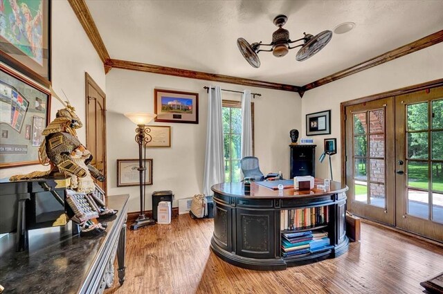 10035 Stone Gate Way, Arcadia, OK 73007 - office space featuring french doors, a ceiling fan, light wood-style flooring, and ornamental molding