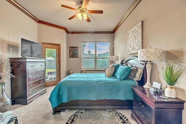 412 Swingman Rd, Yukon, OK 73099 - bedroom featuring carpet, access to exterior, multiple windows, ornamental molding, and ceiling fan