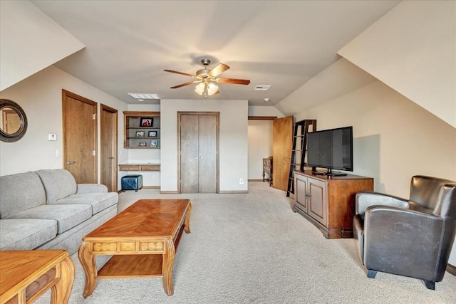 412 Swingman Rd, Yukon, OK 73099 - living room with a ceiling fan, light colored carpet, and lofted ceiling