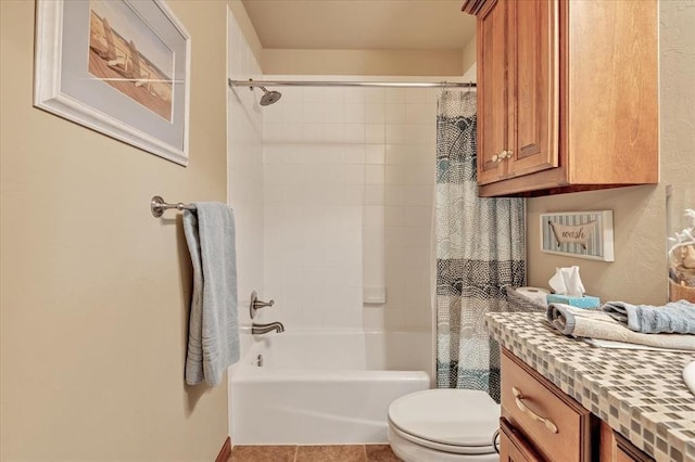 412 Swingman Rd, Yukon, OK 73099 - bathroom with vanity, shower / bathtub combination with curtain, and tile patterned flooring