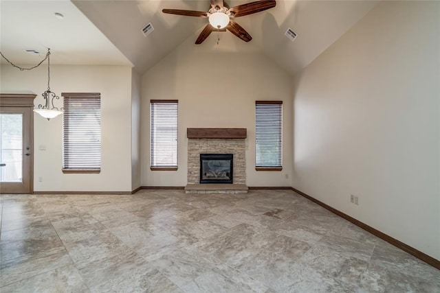 2216 SW 117th St, Oklahoma City, OK 73170 - unfurnished living room with ceiling fan, high vaulted ceiling, and a fireplace