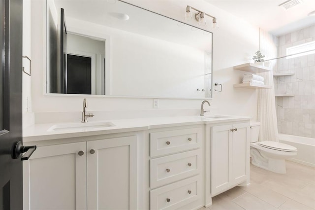 416 Old Creek Rd, Edmond, OK 73034 - full bathroom featuring double vanity, tile patterned flooring, and shower / bath combo with shower curtain